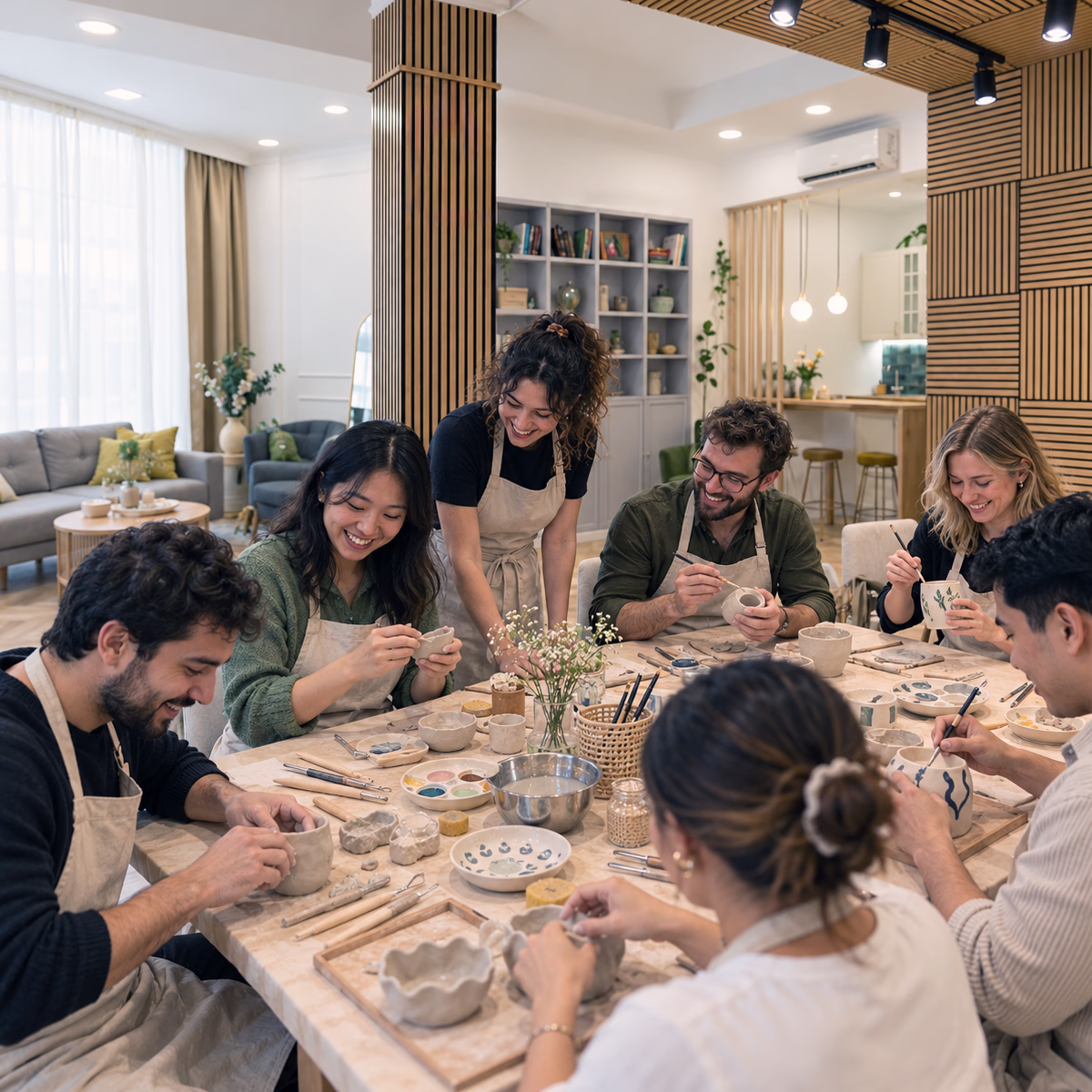 Grupo compartiendo un taller privado de cerámica en SilviaMo Ceramics